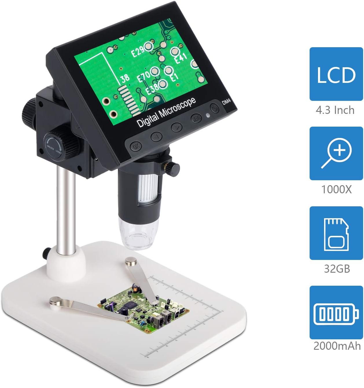 ESAKO 4.3 inch Digital Microscope 1000X Magnification USB Microscope 2000mAh Rechargeable Battery 32GB for Kids Students