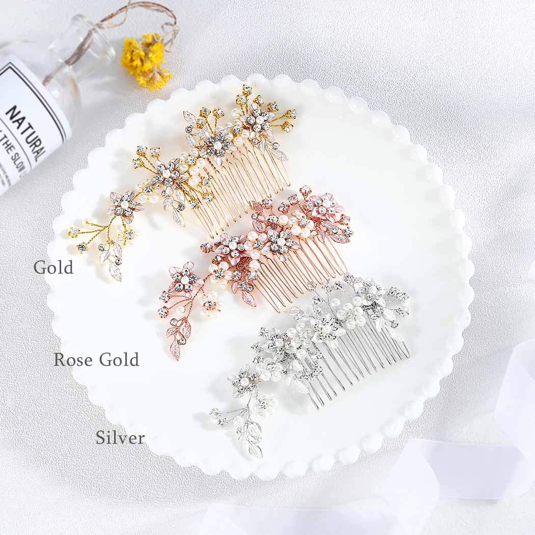 Fstrend Bridal Wedding Hair Comb Gold Rhinestone Flower Bride Hair Side Combs Clips Pearl Leaf Hair Accessories for Women and Girls (rose gold) : Beauty
