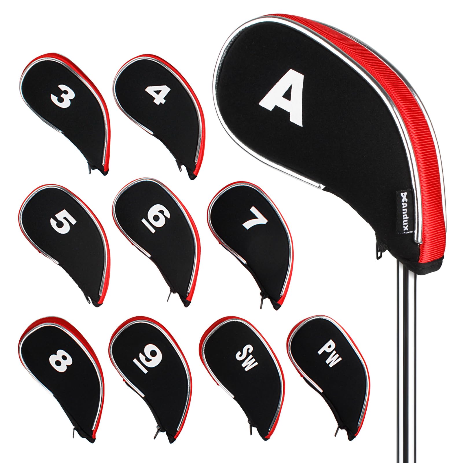 Andux Neoprene Golf Iron Club Head Covers with Zipper RH 10pcs/set Black/red