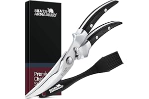 SILVER ARMADILLO Heavy Duty Poultry Shears | Food Grade Stainless Steel Scissors for Bone, Chicken, Meat, Fish, Seafood, Vegetables | Anti-Rust Ergonomic Spring Loaded Food SHEAR | Built-In Lock |(Black Wood Handles)