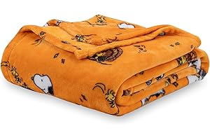 Berkshire Blanket Peanuts® VelvetLoft® Cute Character Snoopy Plush Throw Blanket,Snoopy and Woodstock Fall Birds & Leafs Orange,Throw 55 in x 70 in (Official Peanuts® Product)
