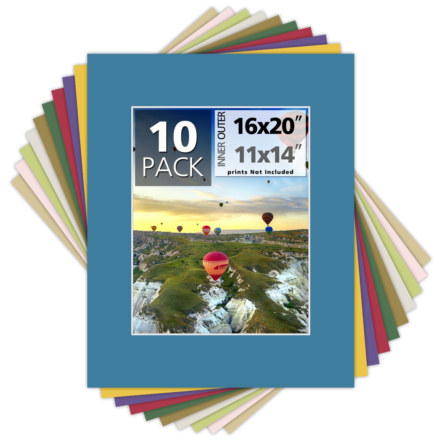 Mat Board Center, Pack of 10 16x20 Mixed Colors White Core Picture Mats for 11x14 Pictures