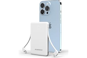Alongza 6000mAh Portable Charger with Built-in Cables, Ultra Slim Mini Power Bank & Fast Charging USB C, Lightweight Travel Essential Battery Pack for iPhone, Samsung, Android (White)