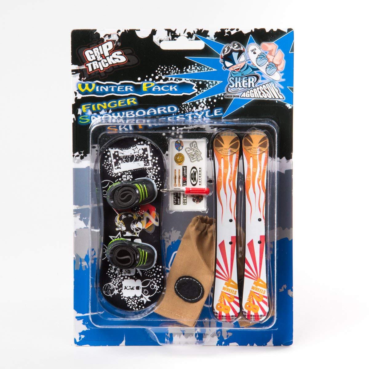 Grip and Tricks - Finger Snowboard and Freestyle Finger Skis with Toy Snowboard Tool and Mini Fingerboards Accessories - Winter Pack 428 Finger Toy for kids 6+ years old