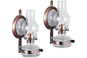 DNRVK 2 Pieces Large Wall Oil Lamp Vintage Glass Kerosene Lamp 7/8 Wick Antique Decorative Wall Mounted Oil Lamps for Indoor Use Emergency Lighting Hurricane Lamp with Mirror Oil Lantern