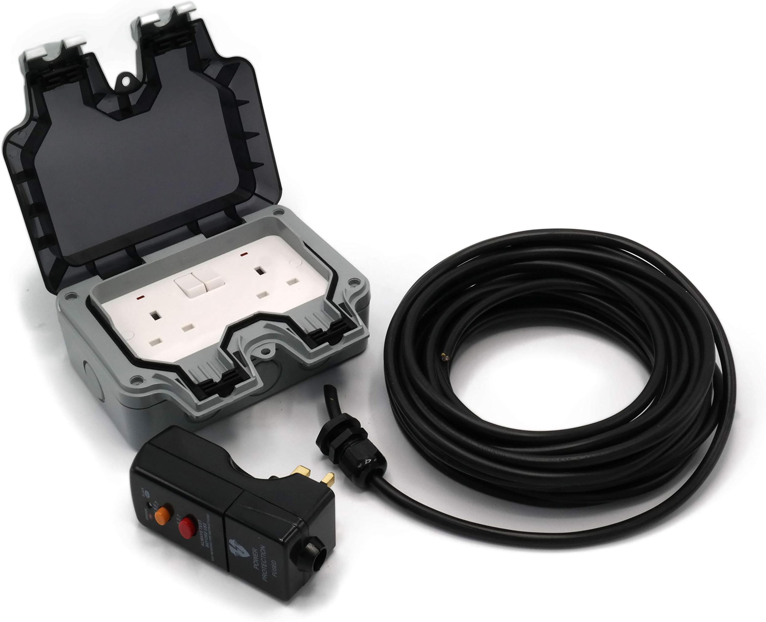 HDIUKOutdoor Mains Two Socket Wiring kit RCD Plug, Cable, Twin IP66 Switched 13Amp UK Sockets (15 Metre Cable, Black Cable)