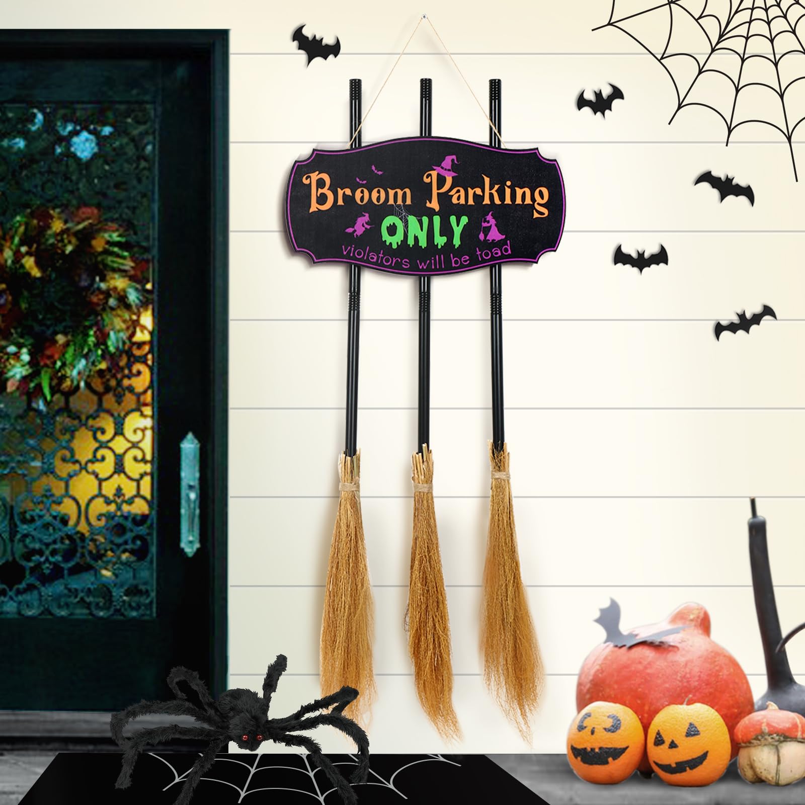 Photo 1 of OYEFLY Halloween Decor,Broom Parking Sign with 3 Wooden Witches Brooms,Halloween Decorations Outdoor Front Porch or Indoor Living Room Wall Halloween Decoration (Black)
