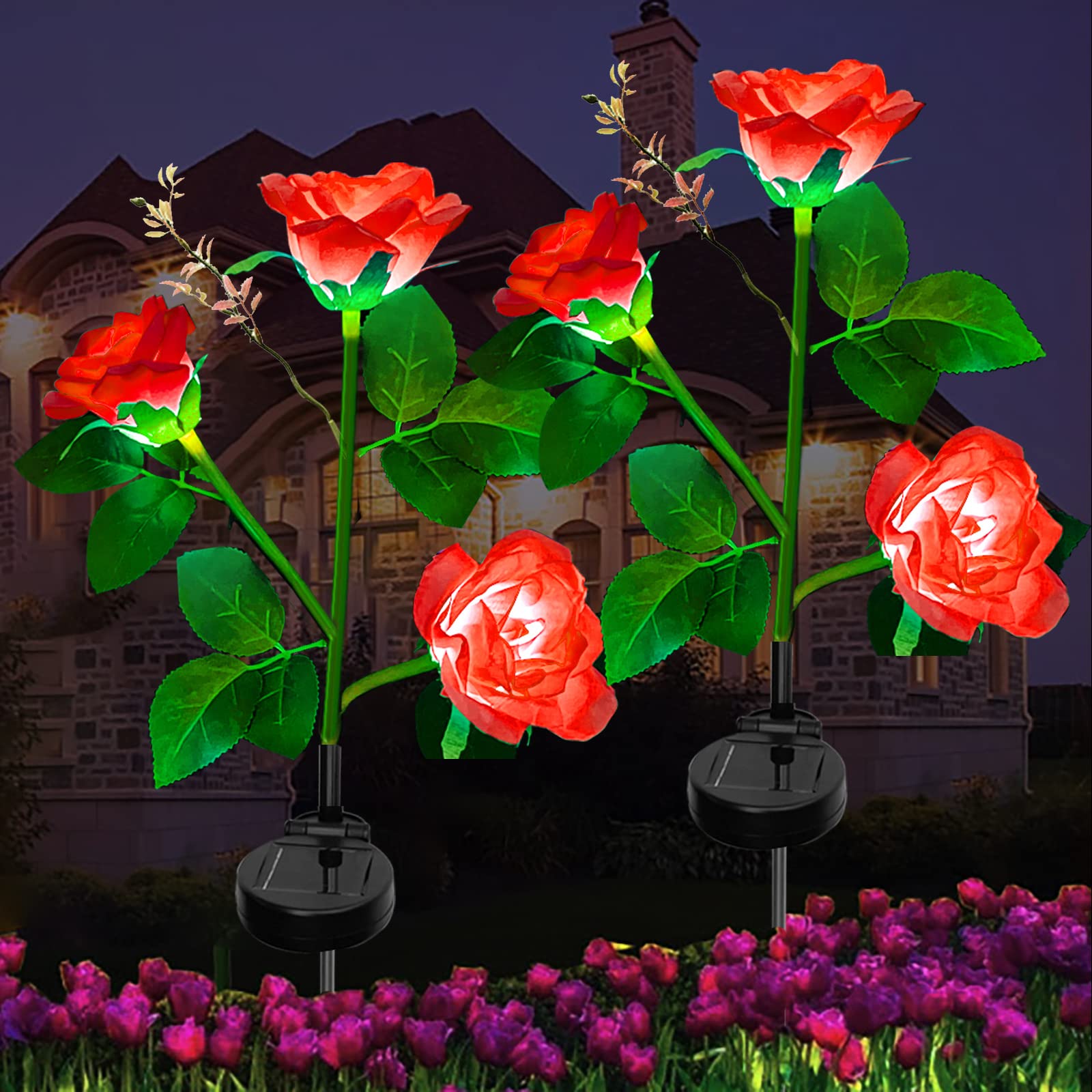 Ovker 2 Packs Solar Flower Lights Outdoor Garden, Solar Garden Lights with 6 Bigger Rose Flowers, Solar Waterproof Stake Lamps for Pathway Lawn Yard Fence Grave Christmas Decoration(Red)
