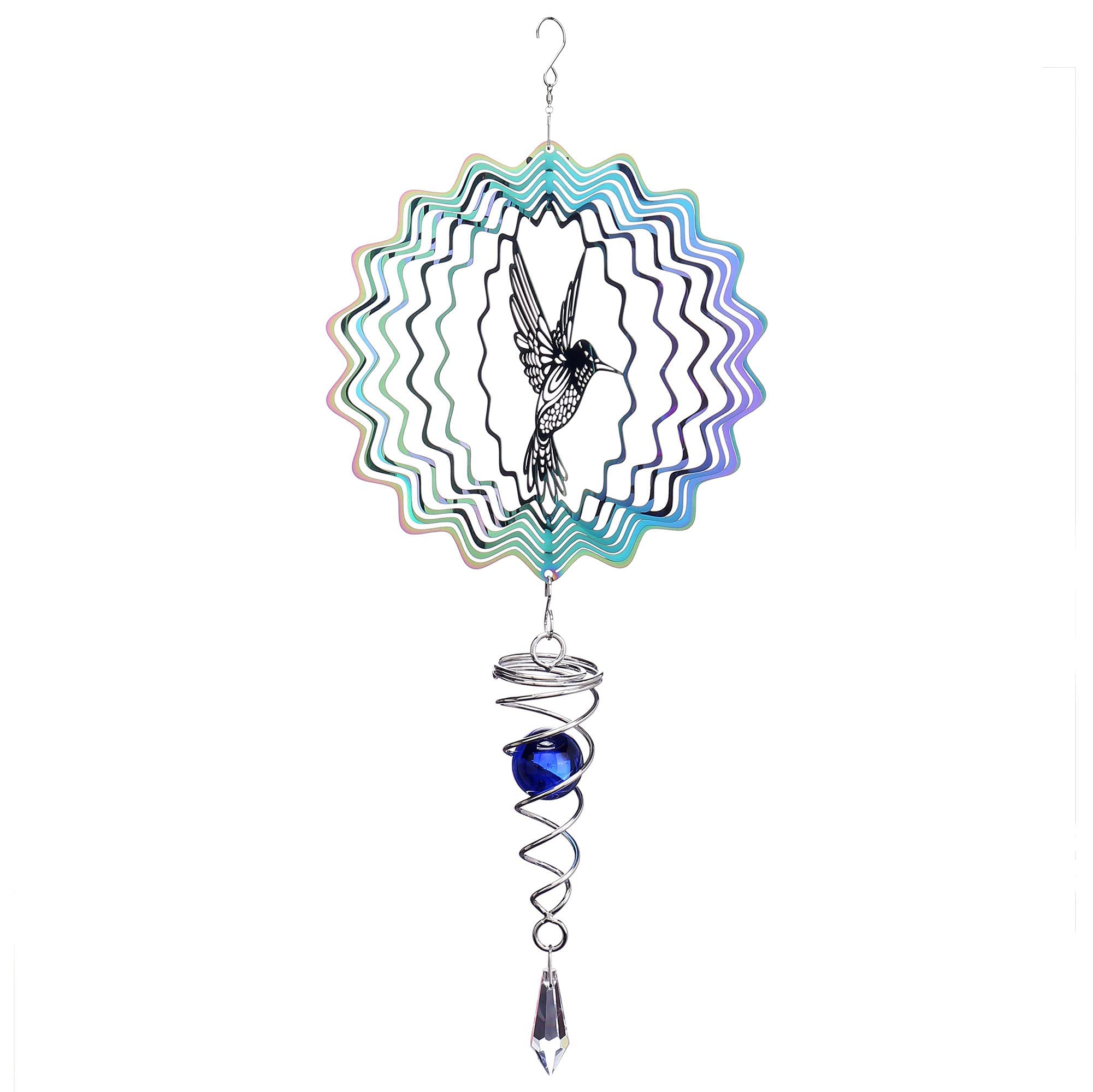 Lpraer Hanging Wind Spinner 6 Inch Stainless Steel 3D Colorful Kinetic Mandala Wind Spinner With Ball Spiral Tail for Outdoor Yard Garden(Hummingbird)