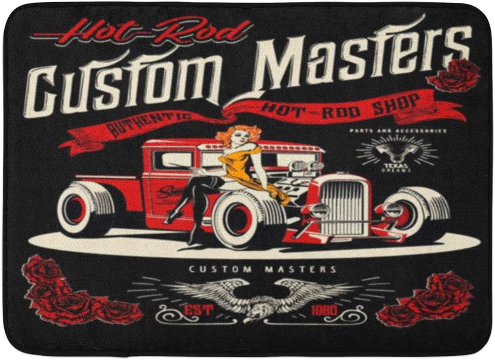 Amazon Com Aabagael Bath Mat Classic Red Vintage Hot Rod Cars And Pin Up Girls Auto Custom Bathroom Decor Rug 16 X 24 Home Kitchen