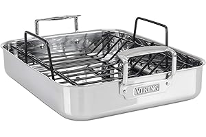 Viking 3-Ply Stainless Steel Roasting Pan with Non Stick Rack, 16 x 13 Inch Kitchen Cookware, Great for Turkey, Dishwasher and Oven Safe, Induction Ready, Silver