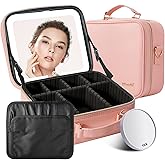 Mocado Travel Makeup Bag with LED Lighted Mirror, Travel Makeup Organizer, Makeup Case with 3 Color Lighted Setting and 10x Magnifying Mirror, Portable Storage and Adjustable Dividers Makeup Box(Pink)