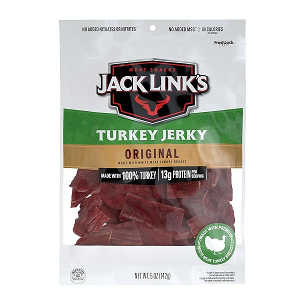 JACK LINK’S TURKEY JERKY, ORIGINAL, JERKY BAG – FLAVORFUL SNACK, READY TO EAT PROTEIN SNACKS WITH 13G OF PROTEIN PER SERVING, MADE WITH 100% TURKEY, KETO FRIENDLY – 5 OZ.