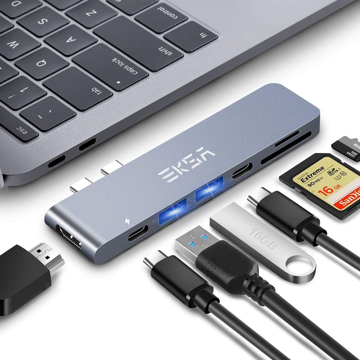 Thunderbolt 3 Hub, MacBook Pro Adapter, EKSA 7-in-1 USB C Hub Adapter Dongle for MacBook Pro 2018/2017, MacBook Air 2018, 4K USB C to HDMI,Thunderbolt 3 Port,100W PD,2 USB 3.0 Port and SD/TF Card