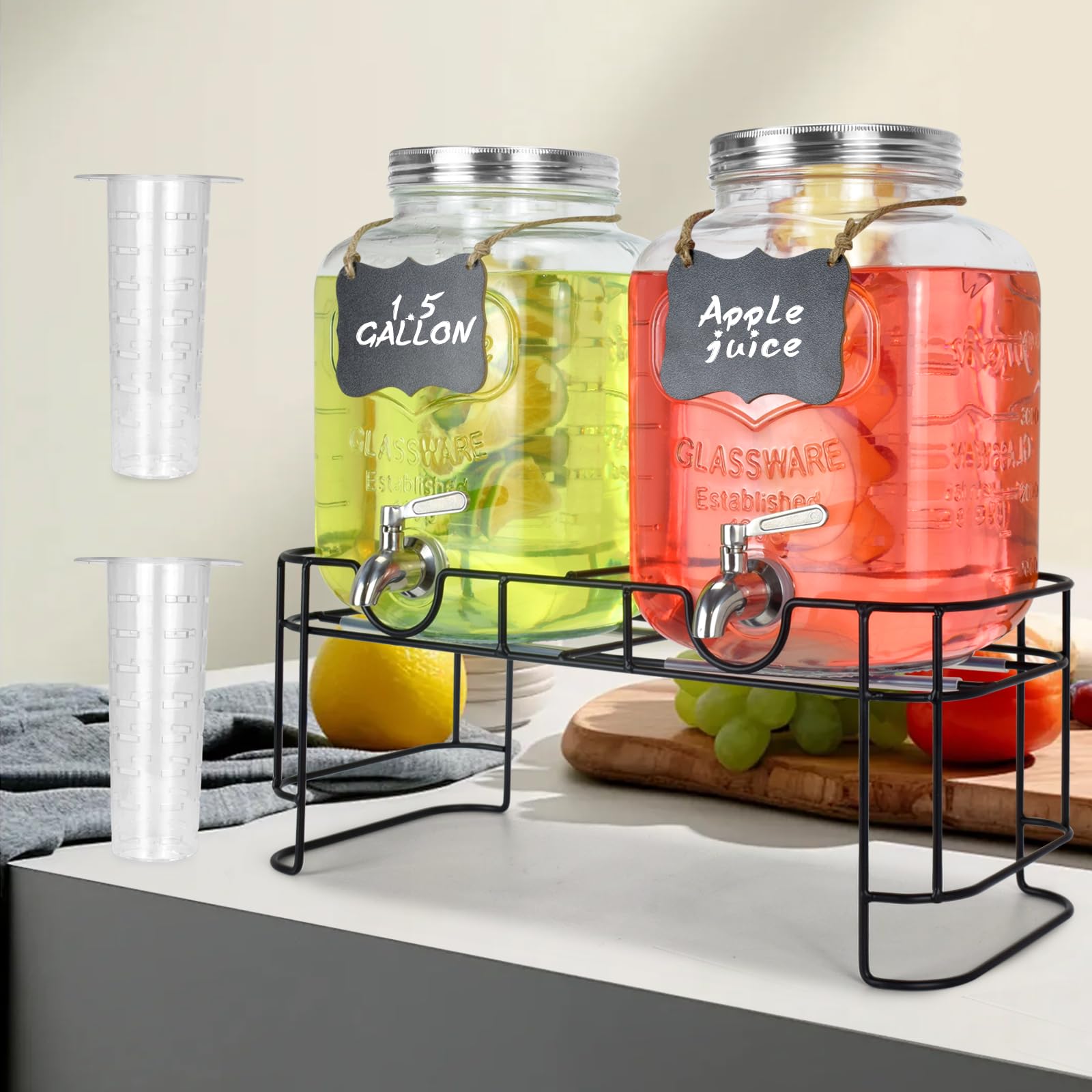 Photo 1 of DD&HAPP Gallon Glass Drink Dispensers For Parties 2PACK.1.5Gallon Beverage Dispenser,Glass Drink Dispenser With Stand And Stainless Steel Spigot 100% Leakproof.Lemonade Dispenser With Ice Cylinder.