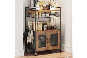 Hencawima Coffee Bar Cabinet, 3 Tier Coffee Station Table on Wheels, 35.9" H Bar Cart with Wire Basket Drawer & 5 Hooks for Home Kitchen, Liquor Buffet Sideboard Cabinet (Rustic Brown)