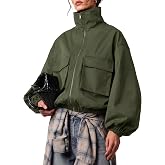 EXLURA Women Short Bomber Jackets Fall Funnel Neck Cropped Trench Coats | Lightweight, Pockets,Zip Up,Lantern Sleeve, Oversized, Utility,Military, Windbreaker,Spring Trendy,Casual,Y2K, Travel,Outwear