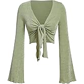 SHENHE Women's Tie Front Bell Long Sleeve Crop Tops V Neck Slim Fitted Going Out Cropped T Shirts