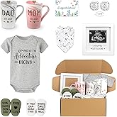 New Parents Gift Set Est 2025 Pregnancy Announcement Gifts for Couples-First Time New Mom Basket for Baby Shower Gender Reveal-Mom & Dad Mugs, Decision Coin, Baby Ultrasound Frame, Onesie, Bib, Socks