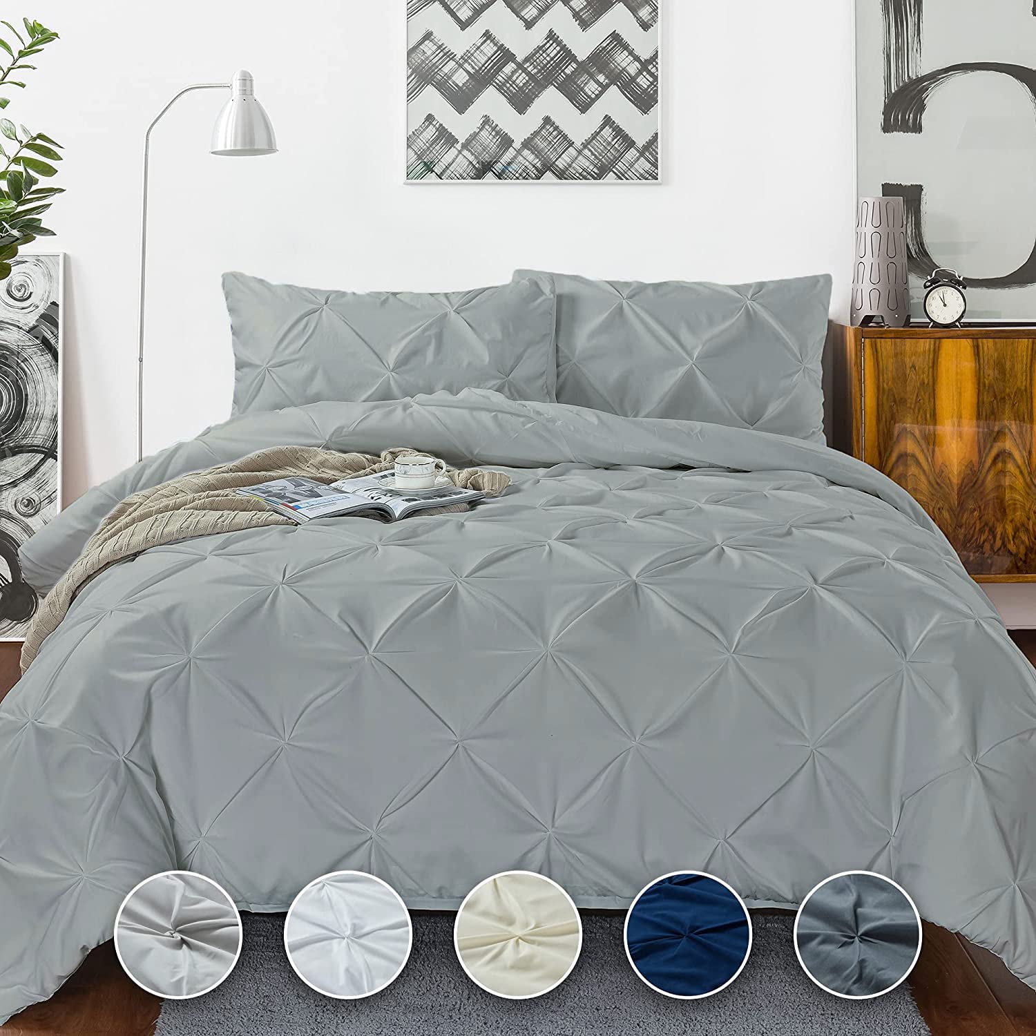 Photo 1 of Crown Collection Luxuriate Hotel 1000-TC Hypoallergenic Ultra Soft 100% Egyptian Cotton 104x90 inch King Size Silver Solid Pinch Plated Duvet Cover with Zipper Colser & 2pcs Pillow Case Set