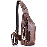BULLCAPTAIN Genuine Leather Men Bags Shoulder Sling Crossbody Bag Casual Mens Chest Bag Travel Hiking Backpack(Brown)
