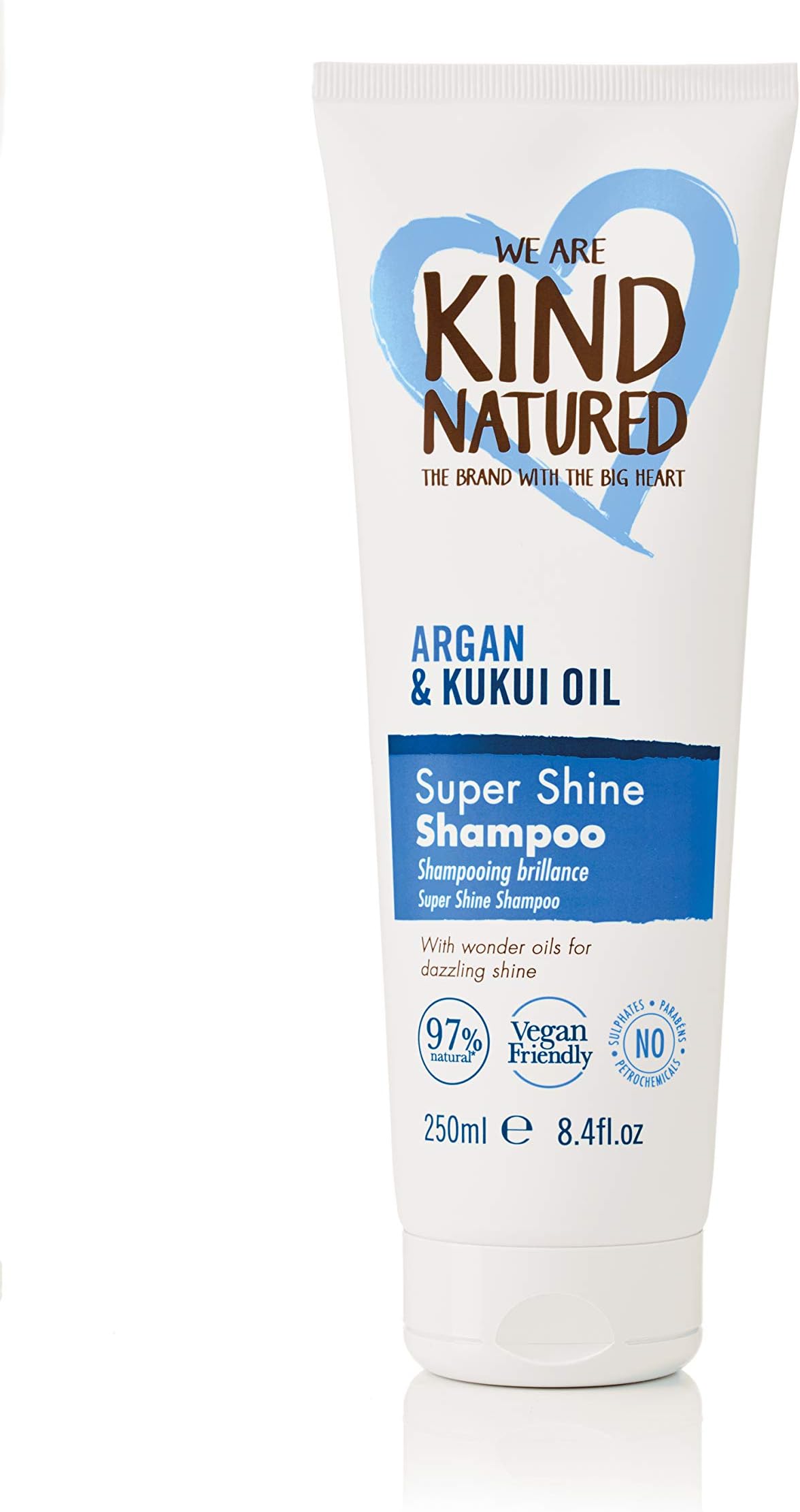 Kind Natured Super Shine Shampoo - Argan and Kukui oil 250ml. Tames frizz and locks in moisture for dazzling shine. 97% Natural ingredients.