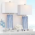 Touch Control Table Lamps with White Fabric Shade Set of 2, 3-Way Dimmable Modern Ceramic Blue Nightstand Bedside Lamp with 2 USB Ports 1 AC Outlet for Living Room, Bedroom (LED Bulbs Included)