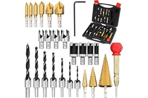 LAMPTOP 26-Pack Woodworking Tools and Accessories Including Countersink Drill Bits, 3-Pointed Countersink Drill Bit with L-Wrench, Wood Plug Cutter, Step Drill Bit, and Automatic Center Punch