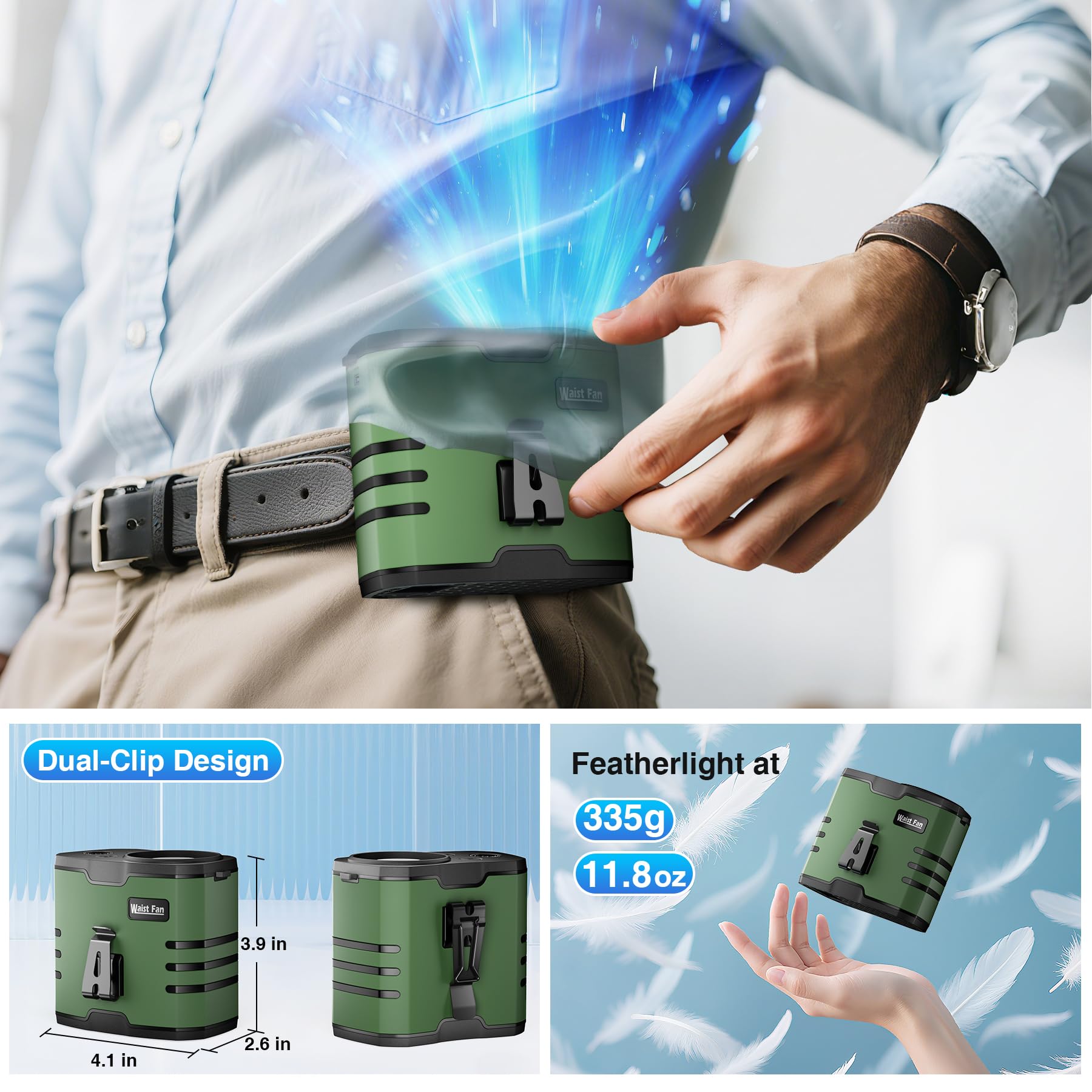 Portable Waist Fan - 10-Speed 26.57ft/s with Clip, Neck Belt Shirt Fan with LED Display & SOS Flashlight, 10000mAh 35H Runtime 10000RPM Cooling Personal for Outdoor, travel, Camping,Farm,Green