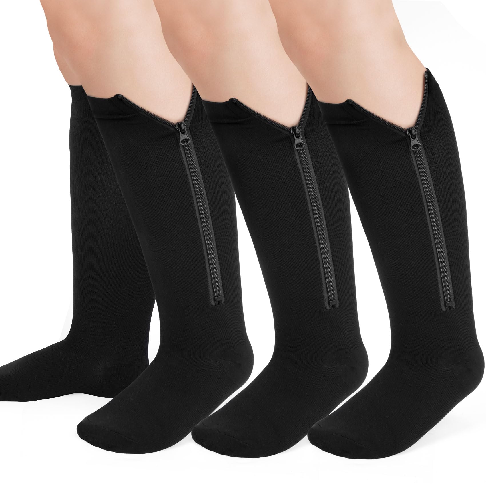 View 1 of 3 Pairs Zipper Compression Socks for Women Wide Calf L/XL-4XL (15-20mmhg) Compression Socks Men Extra Large Knee High Compression Sock for Nurses Travel Running