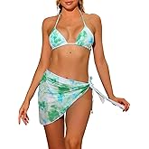 Elerevyo Women's 3 Piece Tie Dye Bikini Sets, Halter Tie Triangle Swimsuits with Sarong Cover Ups Beach Skirt Bathing Suit