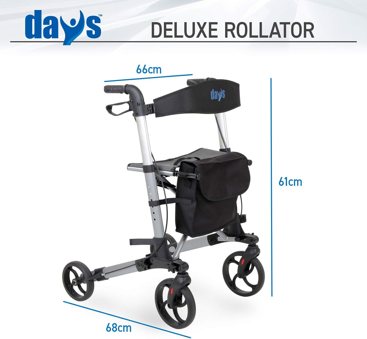 Days Deluxe Lightweight Folding Four Wheel Rollator, Rollator, Easy Storage and Travel, Carry Bag, Mobility Aids - Image 5