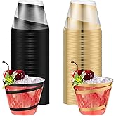 Gejoy 9 oz Rimmed Swirl Plastic Cups Disposable Wine Drinking Cups Clear Elegant Halloween Tumblers for Christmas Party Supplies(Black, Gold,100 Pcs)