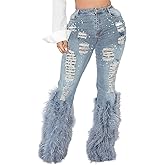 Tbahhir Women's Skinny Ripped Jeans Pearl Distressed Stretchy High Waisted Tassels Slim Fit Denim Pants Y2K Streetwear