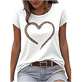 Verdusa Women's Leopard Heart Graphic Tees Short Sleeve Shirts Casual Basic Tops