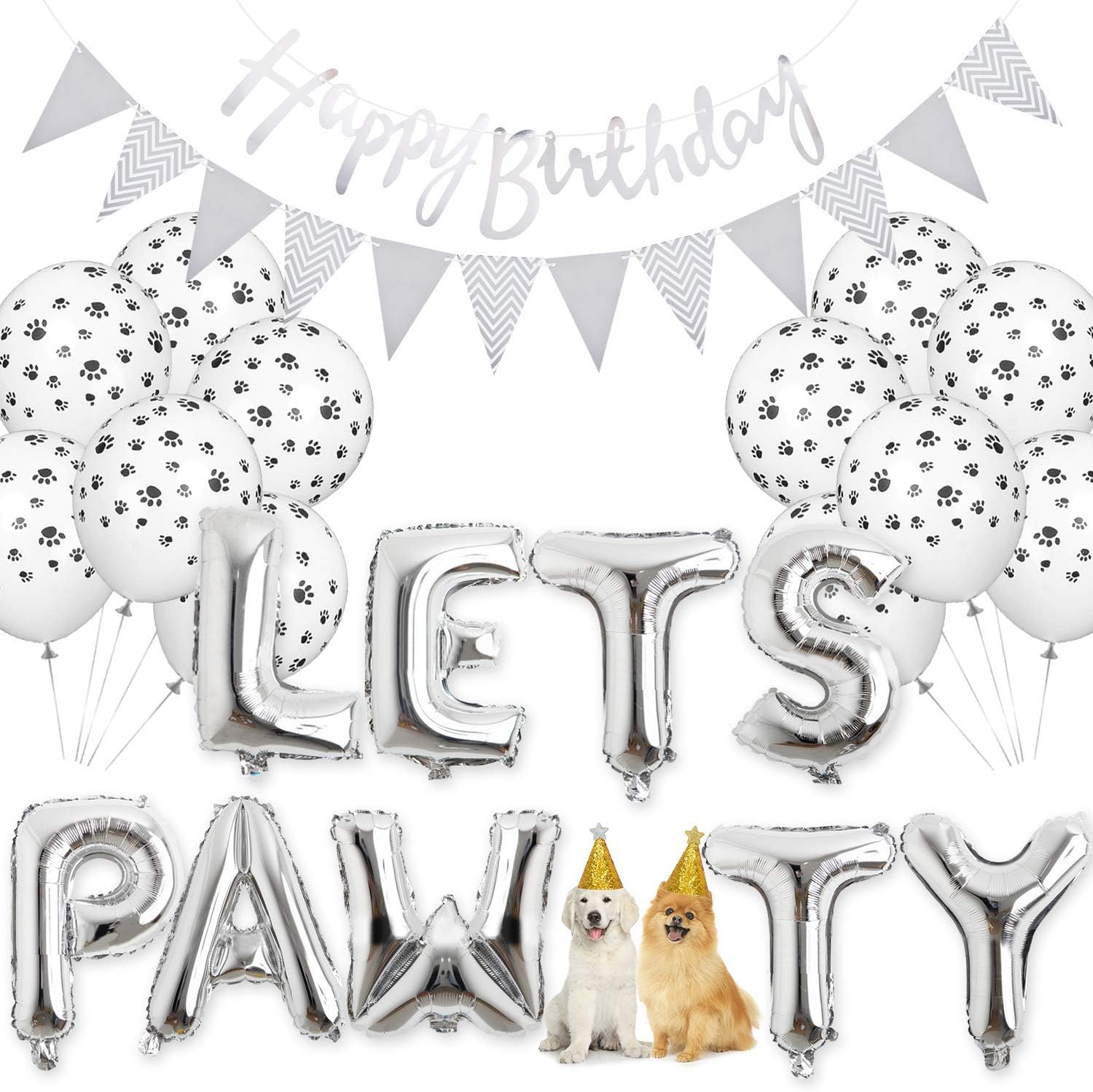 Dog Birthday Decorations,Party Banner Decorative Happy Birthday Letter Banner with Dog Cat Birthday (Silver)