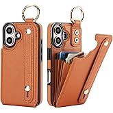 Folosu for iPhone 16 Wallet Case with Card Holder, Hand Wrist Strap Loop Holder Kickstand, RFID Blocking Finger Grip Ring PU Leather Double Buttons Shockproof Cover 6.1" Brown