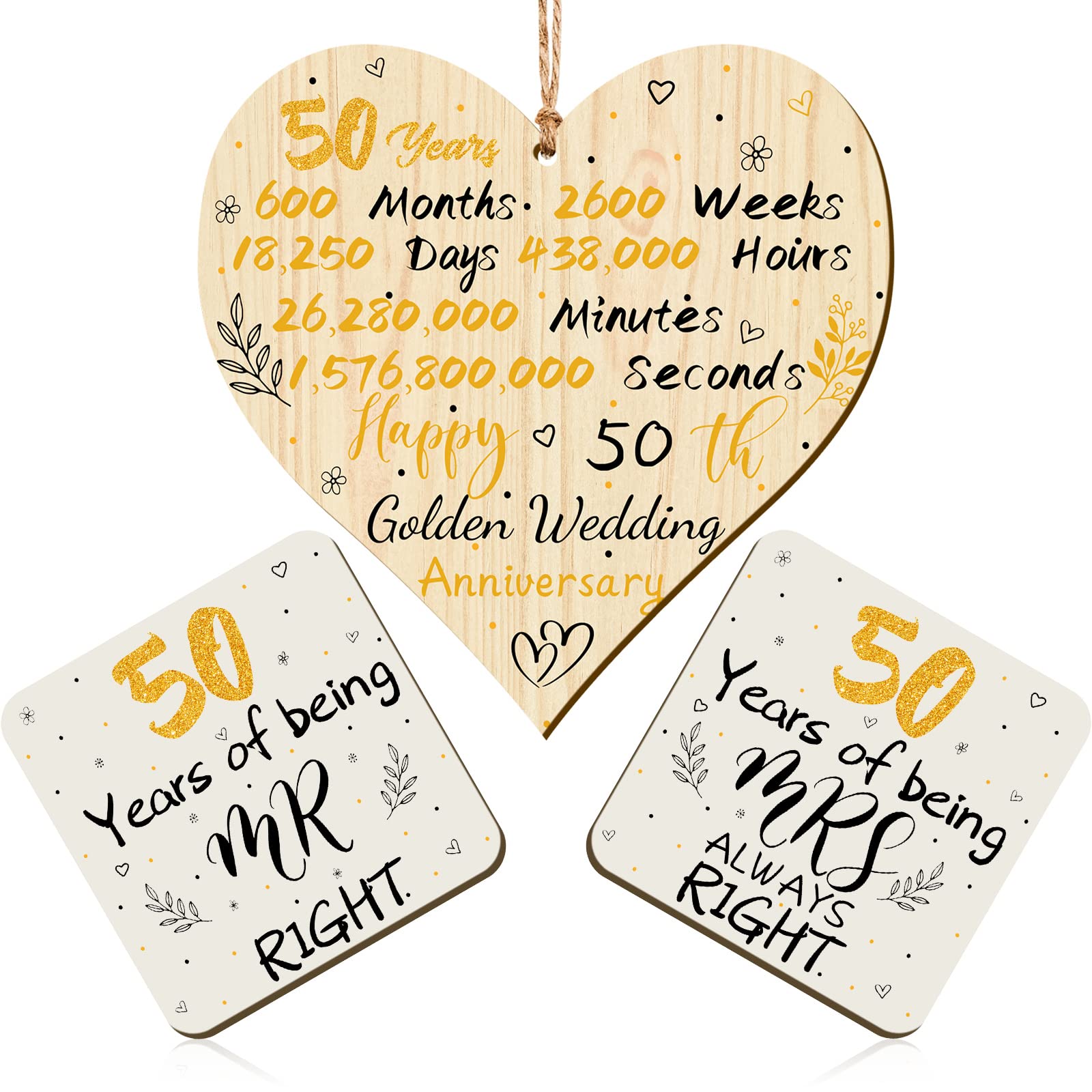 Zopeal 3 Pcs 50th Golden Anniversary Wedding Gift, Wooden Hanging Heart Plaque and Pair of Mr Right and Mrs Always Right Square Coaster, Anniversary Decor Gifts for Couple, Parents