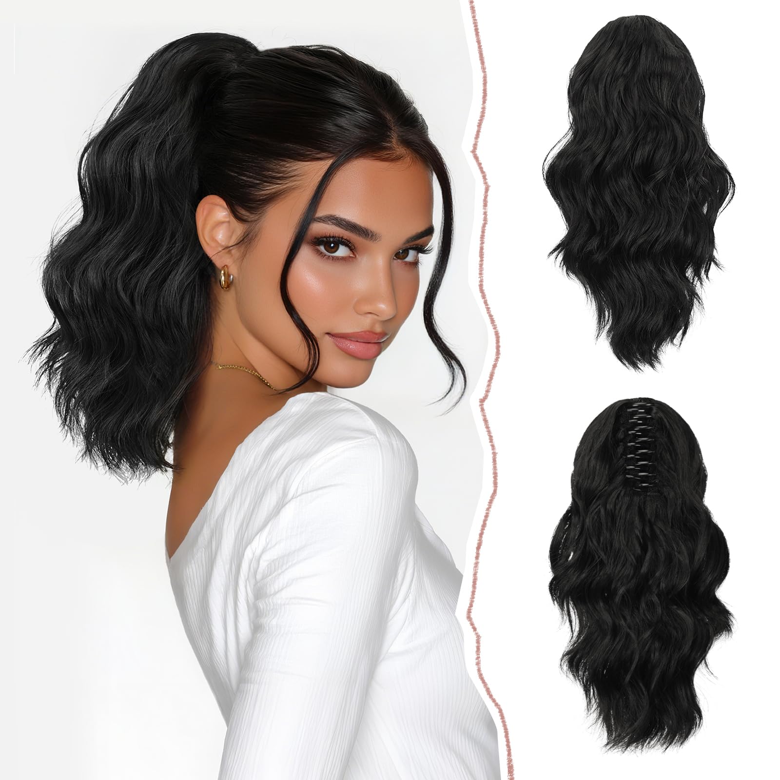 Sofeiyan 14'' Ponytail Extension Curly Clip in Claw Hair Extensions Natural Wavy Looking Synthetic Hairpiece for Women, Off Black