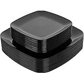 PULOTE 60PCS Black Square Plastic Plates Disposable - Include 30 Dinner and 30 Dessert Plates,Ideal for Party&Halloween