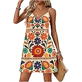 SOLY HUX Women's Summer Dress Floral Print V Neck Spaghetti Strap Cami Short Dresses Vacation Sundress