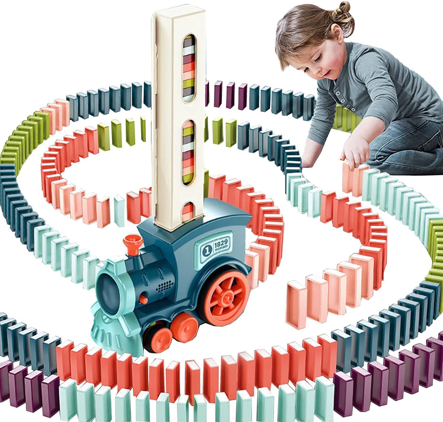 Bebester Domino Train Toy Set, Automatic Domino Laying Electric Train Kids Construction & Stacking Dominoes Game Toys for Best Christmas Brithday Gifts for Boys & Girls (100PCS Blocks), Blue