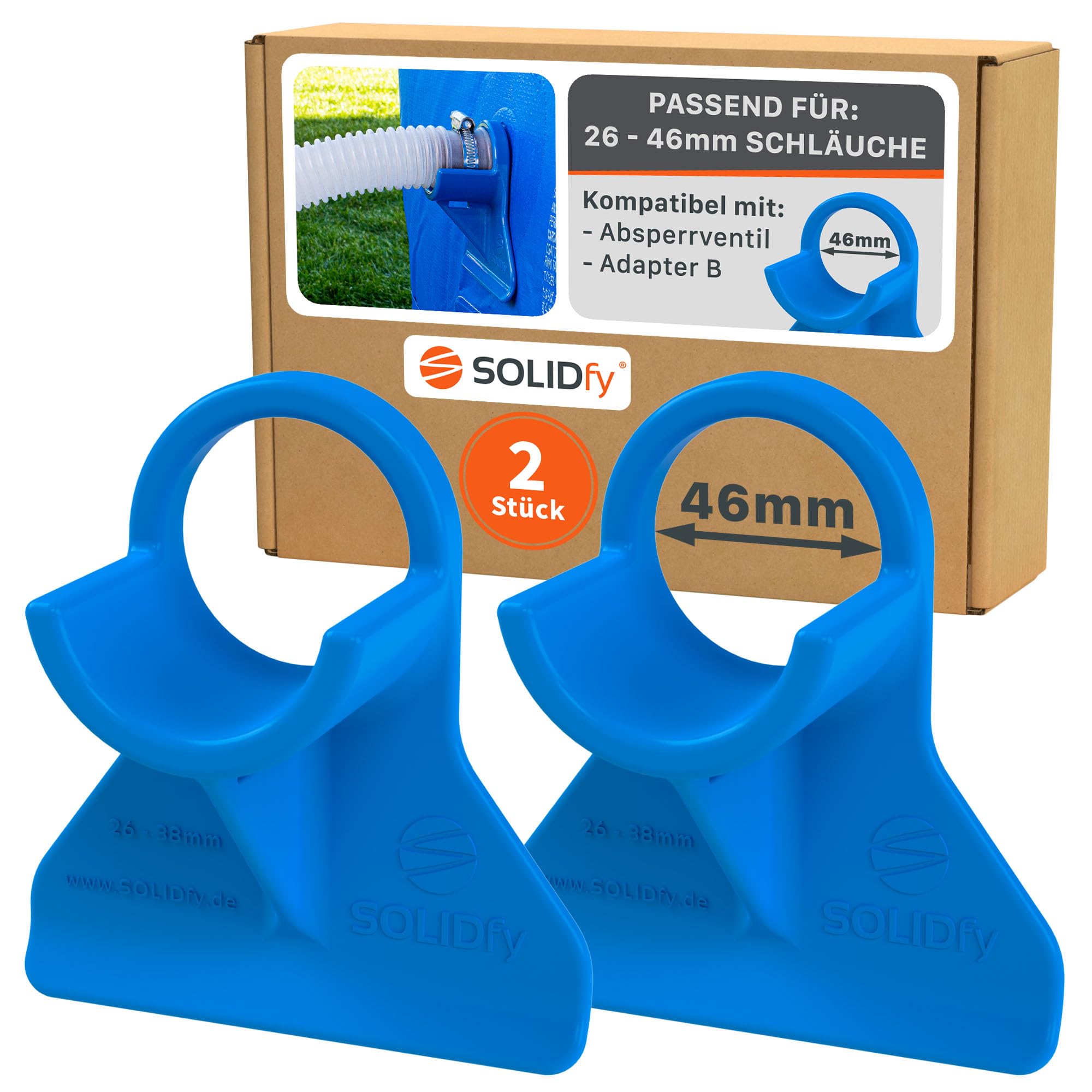 SOLIDfy® - [2x] Pool Hose Holder 26 mm - 46 mm | Hose Holder for Intex, Bestway, Pike | Also with Adapter B and Shut-Off Valve Pipe Holder 32 mm 38 mm Kink Protection in Blue