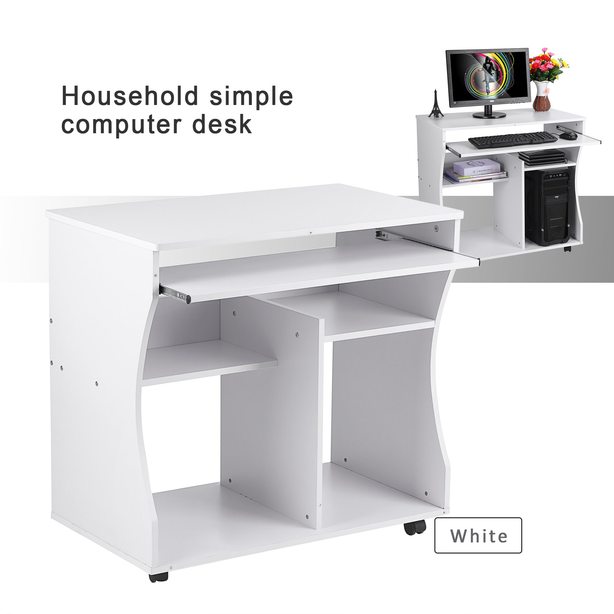 Wooden Portable Computer Trolley Desk Keyboard Storage Shelves with