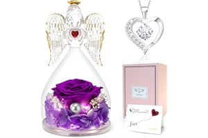 Sunia Preserved Rose Gifts for Mothers Day, Preserved Real Rose Glass Angel Gifts with Necklace for Women, Angels Figurines Birthday Gifts with LED Light for Valentine's Day Thanksgiving Christmas