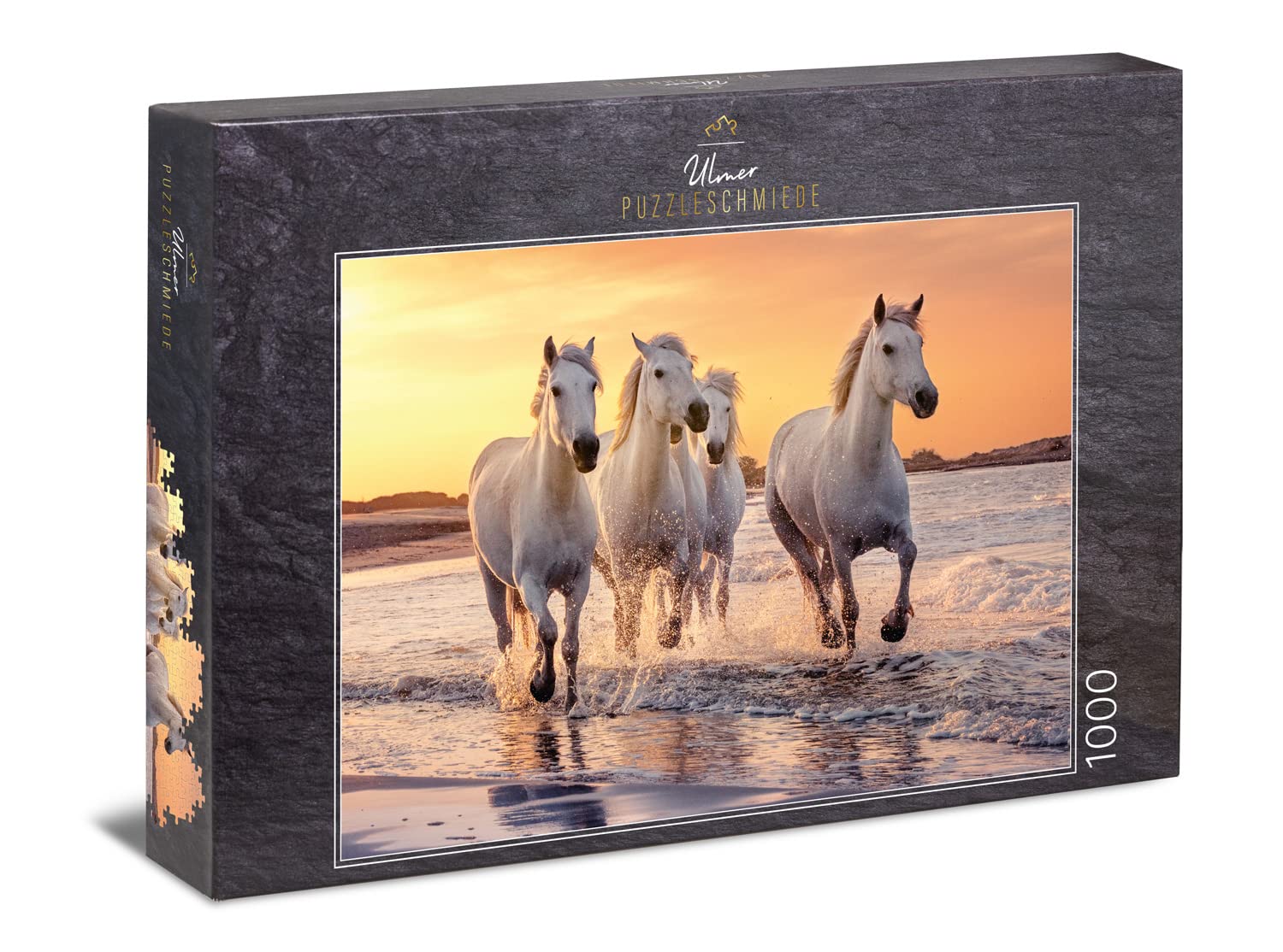 Ulmer Puzzleschmiede - Puzzle "Camargue Horses": 1000 pieces jigsaw puzzle - white Camargue horses in the wild in Provence, France