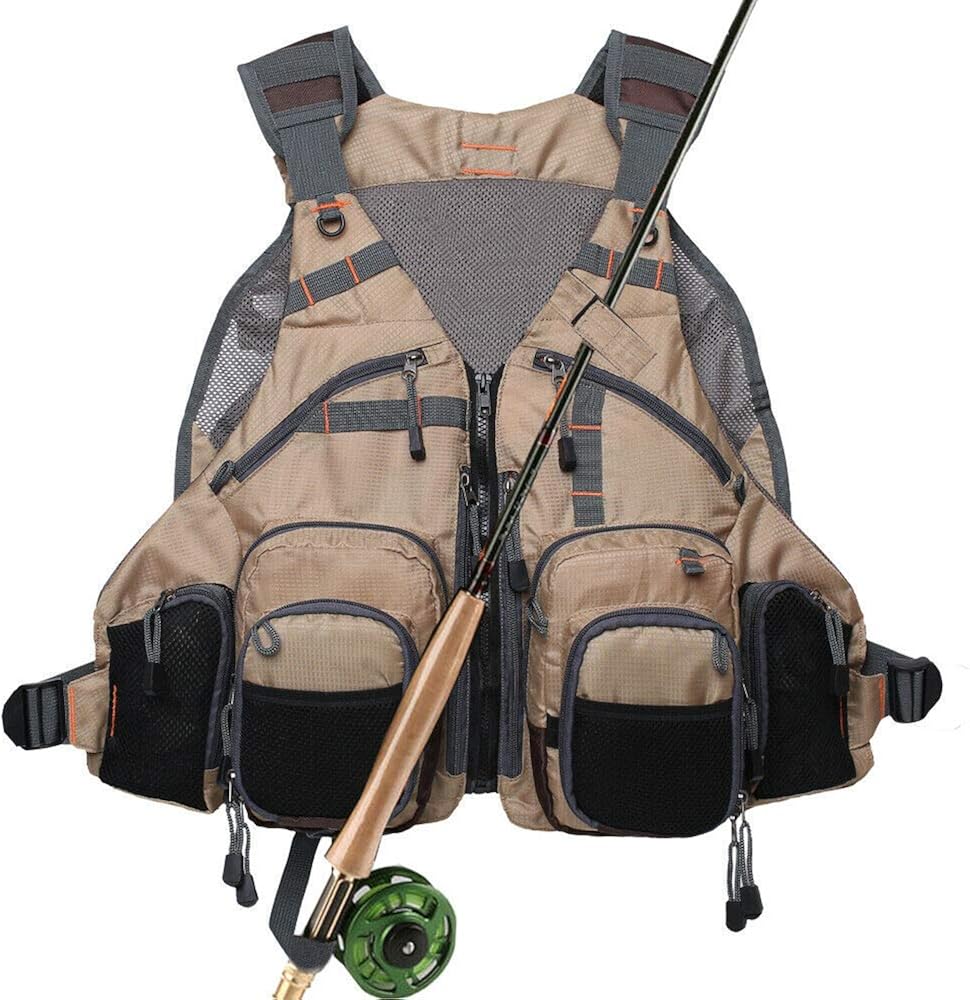 Kylebooker Fly Fishing Vest Anglers Mesh Adjustable Breathable for Men and Women, Khaki