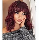AISI HAIR Curly Bob Wig with Bangs Short Wavy Wine Red Color Wigs for Women Bob Style Synthetic Heat Resistant Bob Wigs