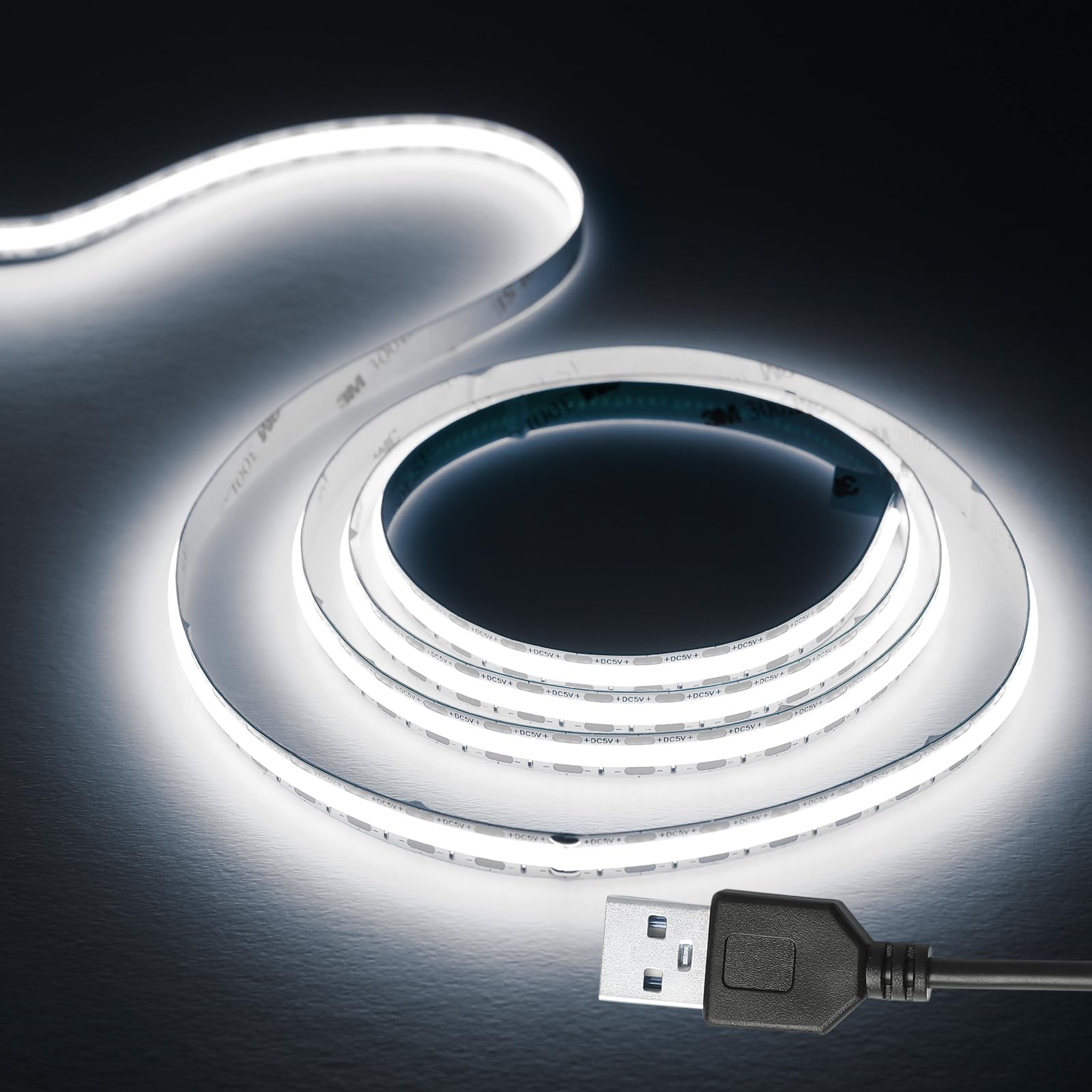 HCHEOG USB LED Light Strip 1.5M COB Led Strip Lights 5V Daylight White 6000K 320LEDs/M CRI 90+ Flexible TV Led Lights USB Powered 1.5M for Display Cabinet,Home DIY Lighting Room Decor led Lights