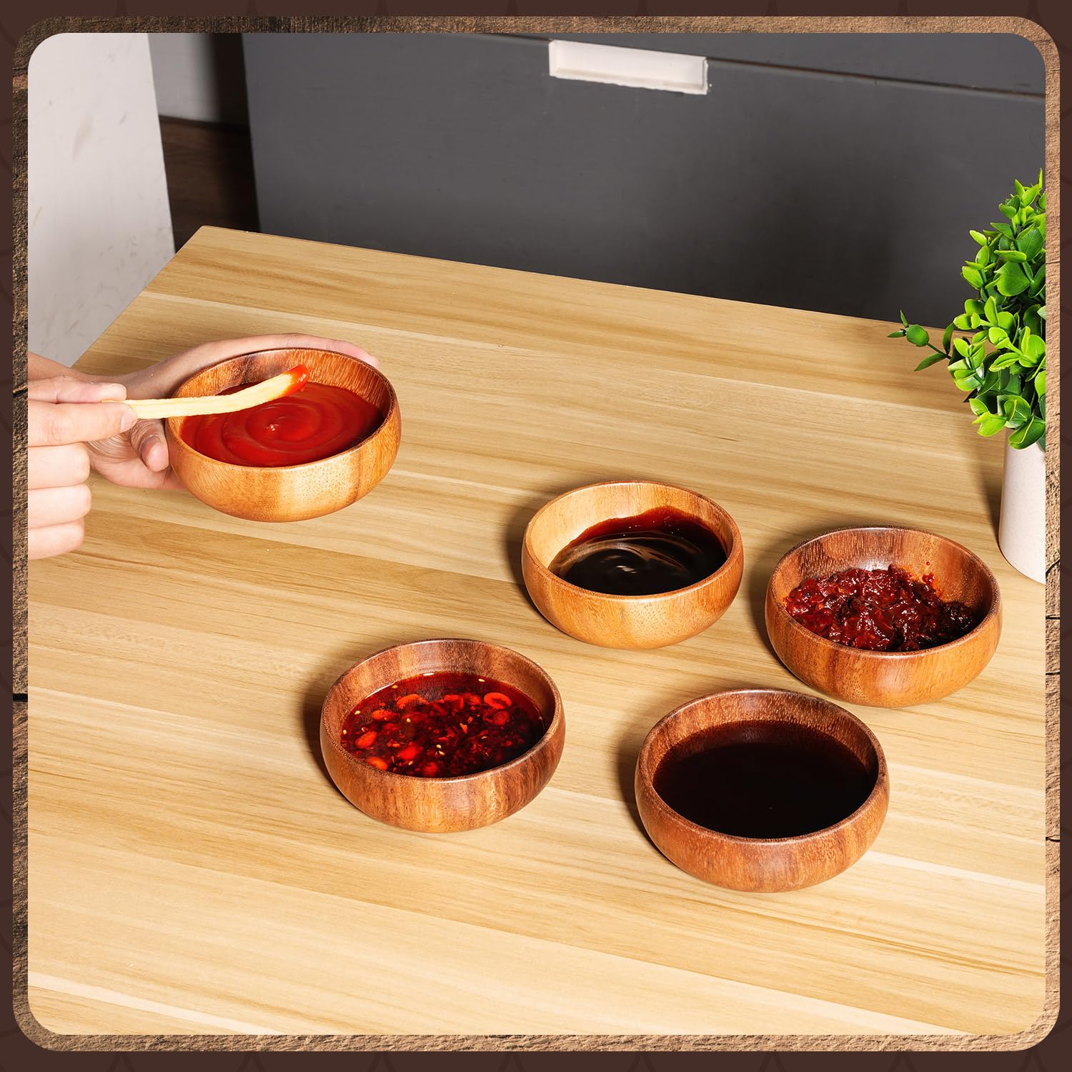 Skylety Acacia Wooden Bowls Small Calabash Bowls Round Wood Salad Hand Carved Calabash Dip Tray for Serving Popcorn Pasta Candy Cereal Coconut Nuts Sauce Appetizers Kitchen(10 Pcs,4 Inch) - Image 6